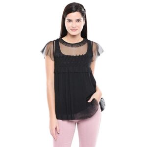 Kimiku Womens Round Neck Solid Lace Yoke Top