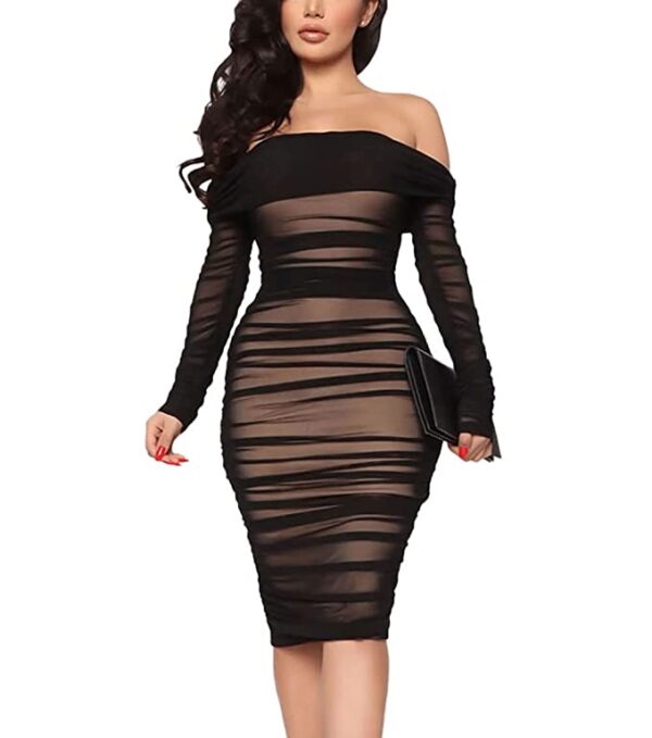 Nhicdns Women's Sexy Off The Shoulder Mesh Long Sleeve Ruched Bodycon Club Midi Dress for Party Cocktail Clubwear
