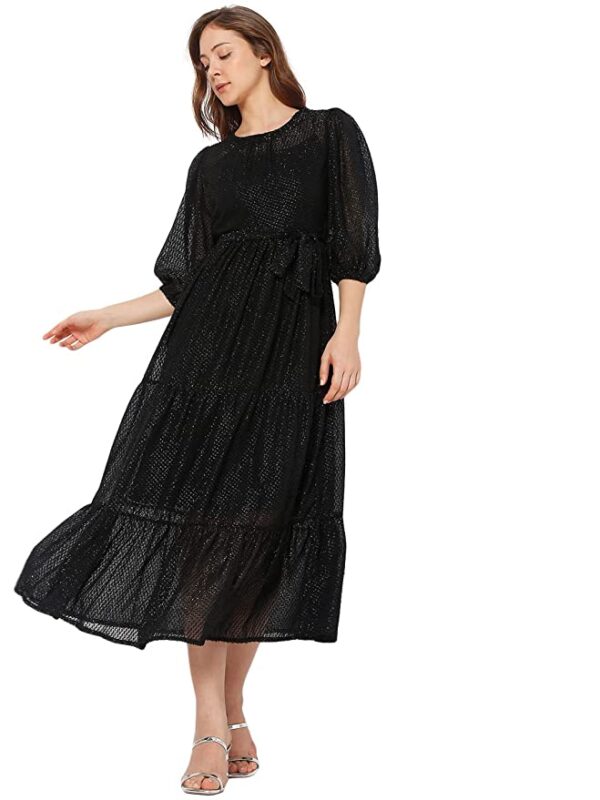 Kimiku Women's Polyester A-Line Midi Dress (10287073- Black_XS)