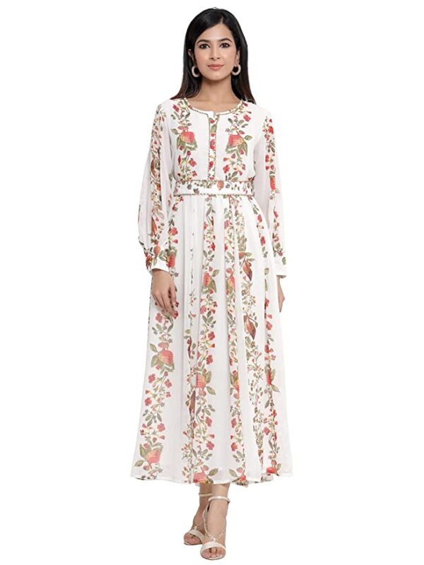 Arohiya Offwhite Chiffon Printed Flared Dress with Waist Tie-up