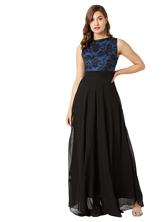 Miss Chase Women Georgette A-Line Dress(MCAW19D08-57-102_Blue & Black_S)