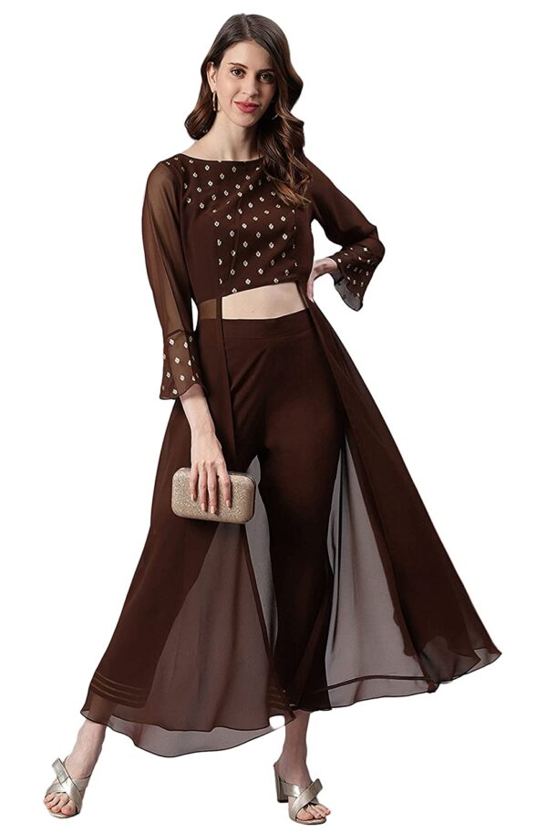Jana Women's Brown Georgette Ethnic Motifs Top with Pant