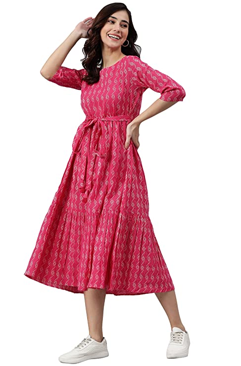 Jana Women's Pink Midi Cotton Western Dress