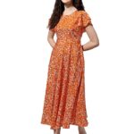 Maxi/Full Length A-line Green Dress in Crepe Fabric with Round Neck and Butterfly Sleeve